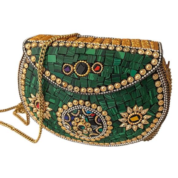 Vintage Ornate Green Mosaic Crossbody Bag - Picture 1 of 8